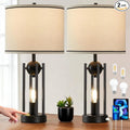 25'' Farmhouse Table Lamps for Living Room Set of 2 with USB C+A Ports, Vintage Bedside Lamp for Bedroom, Touch Lamps for Nightstand, Dual Lights Independent Switch, 4 Bulbs Included, Black