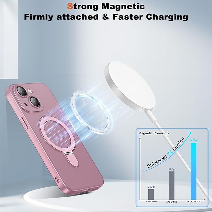 Compatible with iPhone 15 Plus Case with Magnetic Ring Stand [Compatible with Mag-Safe] [Full Camera Lens Protector] Soft Plating Phone Case for iPhone 15 Plus 6.7", Rose Gold