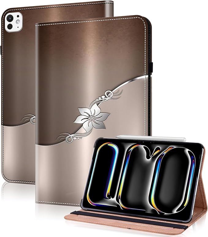 Case for iPad Pro 13 inch (M5/M4) 2025/2024, Premium Leather Folio Stand Protectors Cover with Auto Wake/Sleep, Pencil Holder, Hand Strap and Card Slots - Silver Flower