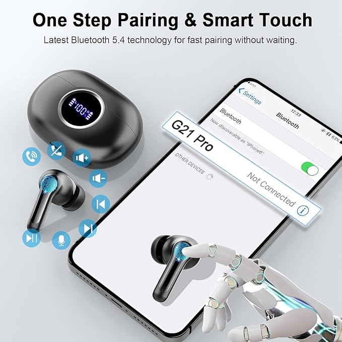 Wireless Earbuds, Bluetooth 5.4 Headphones 3D Bass Hi-Fi Stereo Ear Buds, 4 ENC Noise Cancelling Mic, 40Hrs USB-C in-Ear Earphones, IP7 Waterproof Workout Sport for Laptop Pad Android iOS, Black