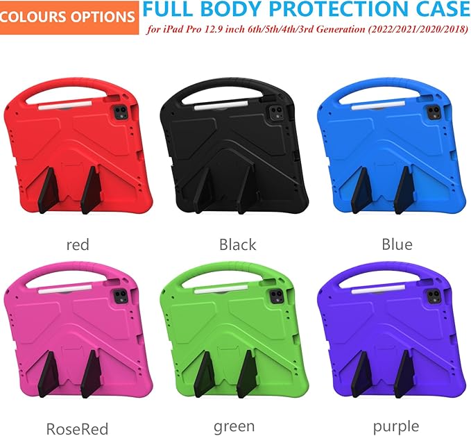 for iPad Pro 12.9 inch Kids Case 6th/5th/4th/3rd Generation (2022/2021/2020/2018) with Kickstand/Pencil Holder/Handle Stand Lightweight Soft EVA Shockproof Heavy Duty Protective Cover, Rose