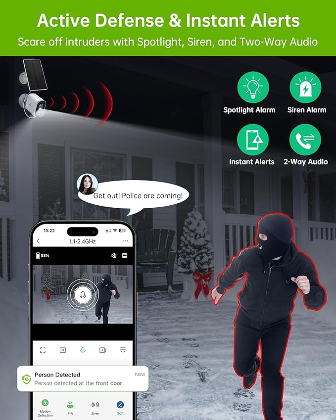 SYMYNELEC Solar Security Cameras Wireless Outdoor, 2K Battery Powered WiFi Camera with Motion Detection for Home - Color Night Vision Spotlight Siren Alarm 2-Way Talk IP65 Waterproof Cloud/TF Storage