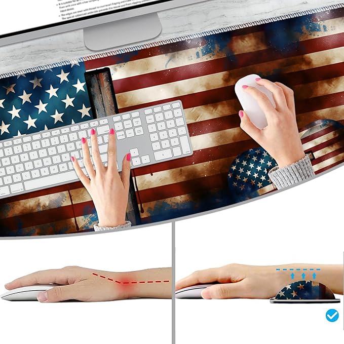 Extended Non-Slip Mouse Pad + Mouse Wrist Rest + Lace-Shaped Coaster Set, Ergonomic Design, Suitable for Desk and Home Gaming Table Mat, American Flag Cross
