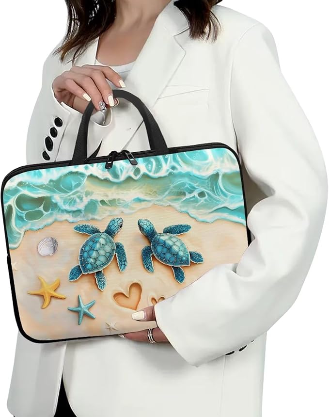 Sea Turtle Laptop Bag 17 Inch Computer Sleeve for Women Men Beach Starfish Padded Notebook Carrying Case with Handle Laptop Cover, Blue