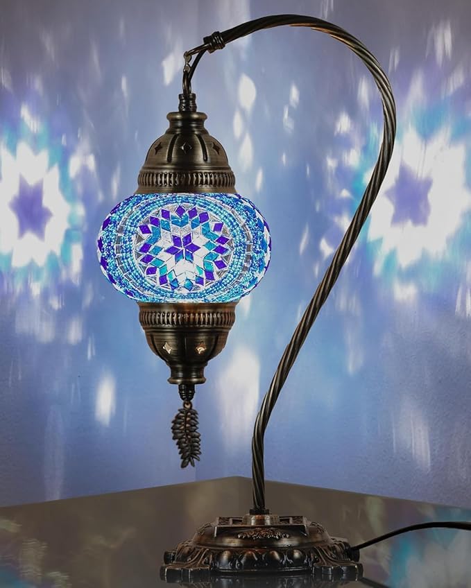 DEMMEX Turkish Moroccan Mosaic Table Lamp – Handcrafted Tiffany-Style Colorful Glass Swan Neck Bedside, Desk, Table Light, Boho Artisan Accent Lighting for Bedroom or Living Room – 15" H, Blue