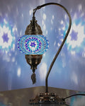 DEMMEX Turkish Moroccan Mosaic Table Lamp – Handcrafted Tiffany-Style Colorful Glass Swan Neck Bedside, Desk, Table Light, Boho Artisan Accent Lighting for Bedroom or Living Room – 15" H, Blue