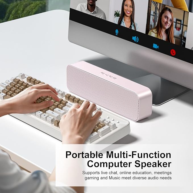 Computer Speaker for Desktop,Rechargeable PC Speaker,Small Computer Soundbar with Stereo & Bass,3.5mm Aux-in,Bluetooth,TF Port,Loud Volume for Web Conferences,Teacher,Music (Pink)