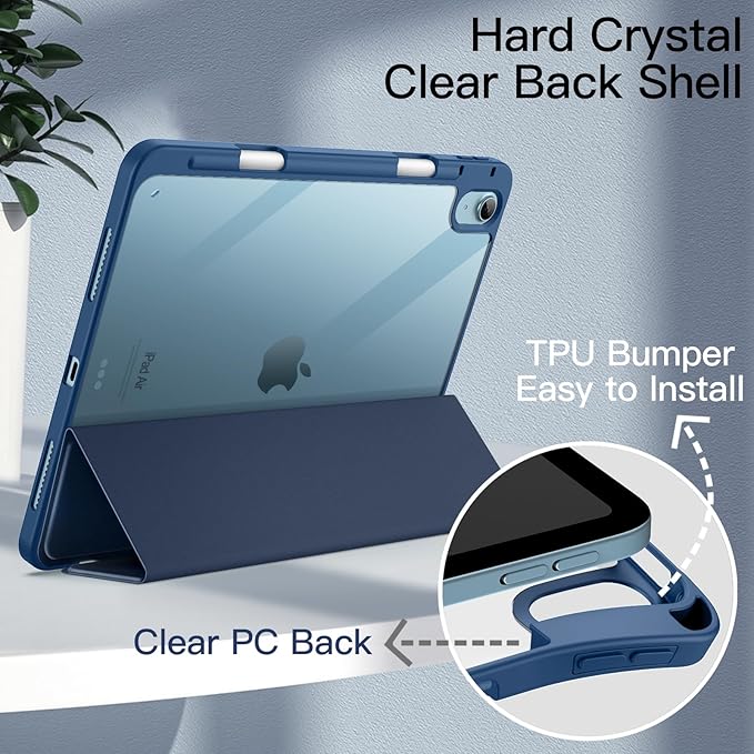 JETech Case ONLY for iPad Air 11-Inch M4/M3/M2 (2026/2025/2024), iPad Air 5/4 (2022/2020 5th/4th) with Pencil Holder, Clear Transparent Back Slim Stand Shockproof Tablet Cover (Navy)