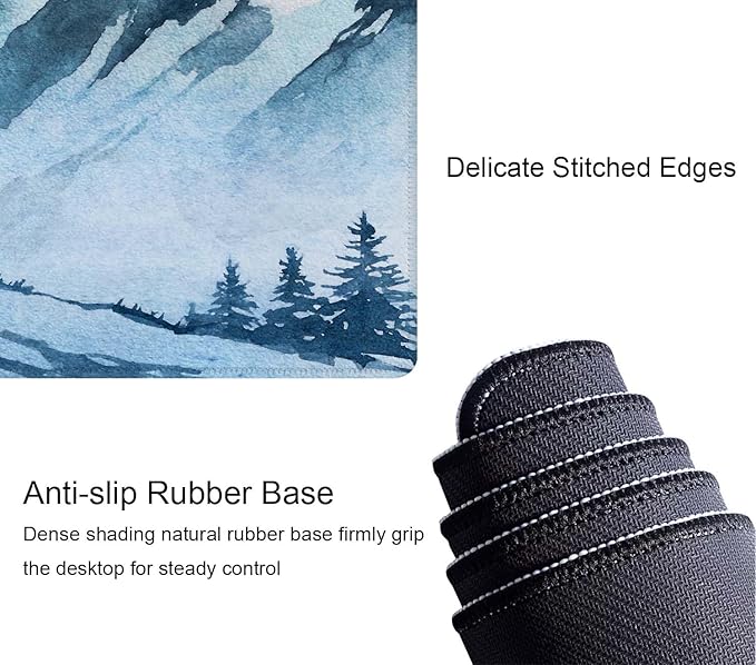 Watercolor Winter Mountains Landscape Desk Mat, Extended Big Mouse Mat for Home and Office, Large Gaming Mousepad Laptop Keyboard Mat with Non-Slip Rubber Base, Stitched Edges (31.50"x11.8"x0.12")