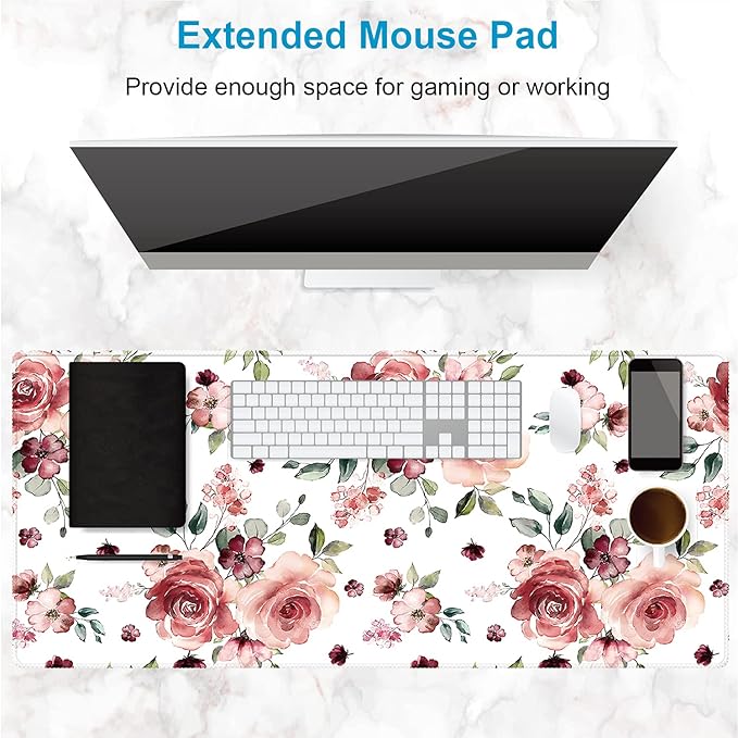 XXL Waterproof Office Desk Pad Protector 35.4x15.7 Inch - Extended Gaming Mouse Pad with Non-Slip Rubber Base, Thickened Keyboard Mat, Stitched Edges & Peony Flowers Design