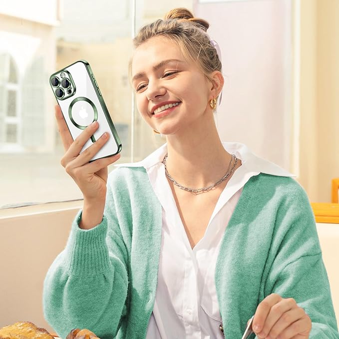 Hython Magnetic Clear for iPhone 15 Pro Max Case with Camera Lens Protector [Compatible with MagSafe] Plating Edge Slim Soft TPU Cover Protective Phone Case for iPhone 15 Pro Max 6.7", Deep Green
