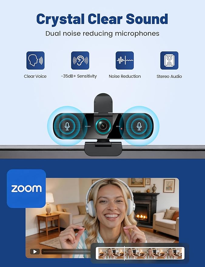 RUWBY UHD 4K Webcam with Built-in Dual Mics, Wide-Angle Lens, Privacy Cover, Tripod Stand, Autofocus PC Camera, Plug and Play for Desktop Computer or Laptop