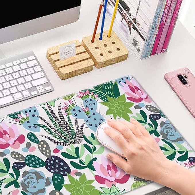 Extensive Gaming Mouse Mat - Succulents & Cacti Design, 31.5 x 11.8 - Non-Slip Base & Stitched Edge