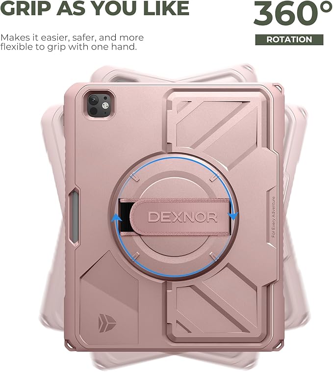 Dexnor for iPad Pro 13 inch Case M5 2025/M4 2024, Rugged Protective Case with 360° Rotating Hand Strap & Large Steady Stand & Screen Protector & Pencil Holder Shockproof Full-Body Bumper Cover,Pink