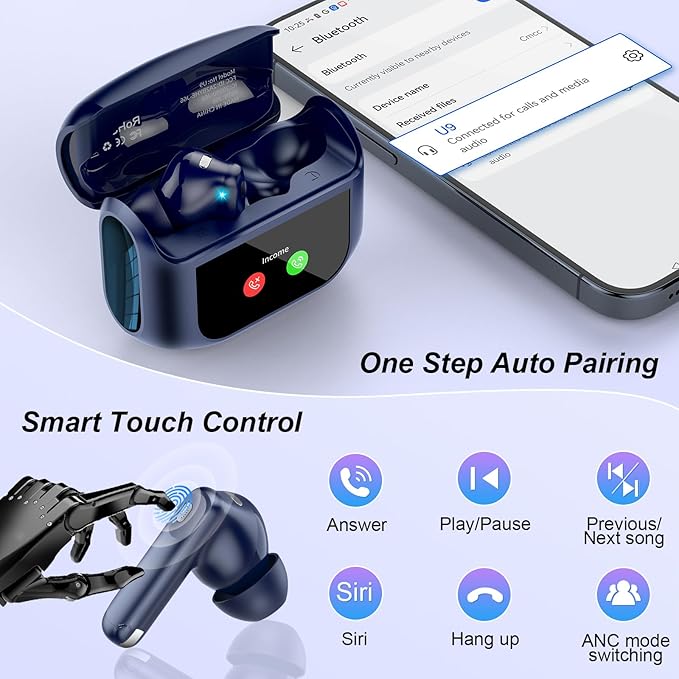 Wireless Earbuds, Bluetooth 5.4 Headphones Multi-Function Touch Screen with 5 EQ Modes, 48H Ear Buds Bass Stereo with ANC Noise Cancelling/Transparency Mode, Dark Blue