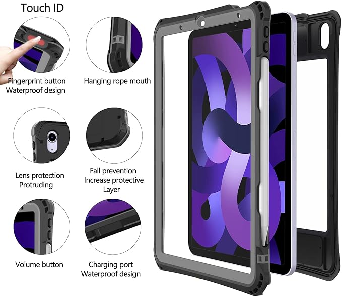 Waterproof Case Compatible with iPad Air 11inch (M2)/5th/4th Gen 10.9inch, Full Body Protective Case with Screen Protector, Pencil Holder, Kickstand, Strap, Shockproof, Dustproof Cover Black