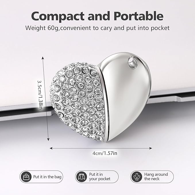 USB 2.0 Flash Drive,Cute Romantic Heart Shape USB Memory Stick,Thumb Drive for Photos, Music, Files Storage (Silver, 32, GB)
