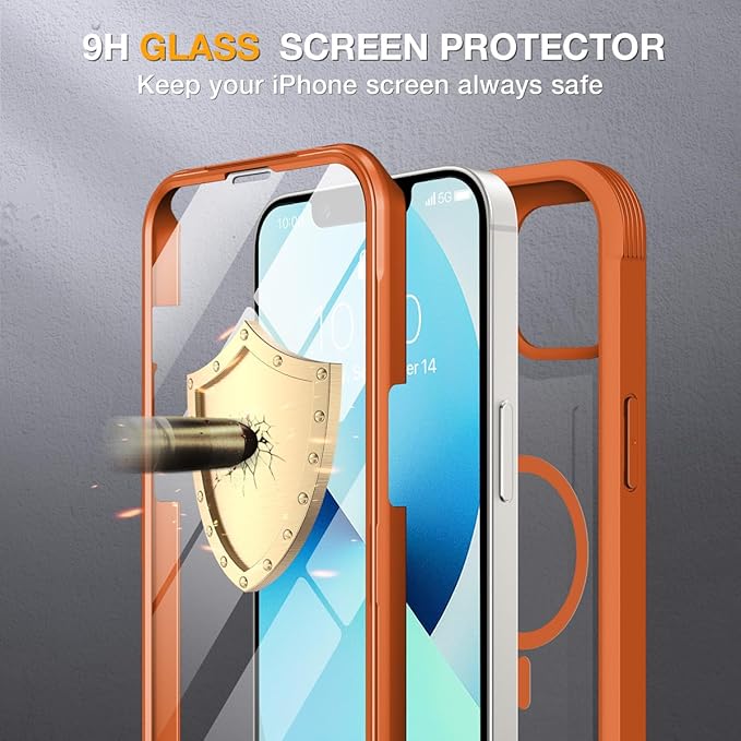Miracase for iPhone 13 Case 6.1'',Full-Body Magnetic Clear Bumper Case with Built-in 9H Tempered Glass Screen Protector,Military Drop Protection Outdoor Phone Case,Orange