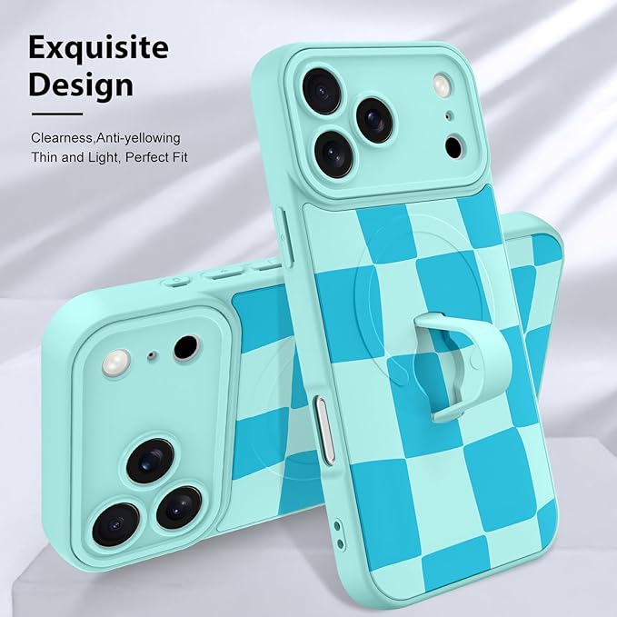 KANGHAR Compatible with iPhone 17 Pro Case, Support for MagSafe, Silicone Checkered Cute Pattern, Wristband Kickstand Camera Protection Soft Slim Cover for Girls Women -Blue