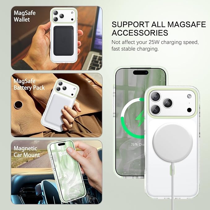 BENTOBEN Magnetic for iPhone 17 Pro Case 6.3", Compatible with Magsafe Military Shockproof Protective Bumper Cute Transparent Slim Anti-Yellowing Phone Case for iPhone 17 Pro Cover, Clear Light Green