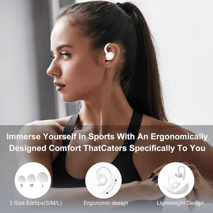 Wireless Earbuds, Bluetooth 5.4 Headphones Sport, Over Ear Buds With ENC Noise Cancelling Mic, 48H, Wireless Earphone With Earhooks, Stereo Deep Bass, IP7 Waterproof Headset for Workout, White