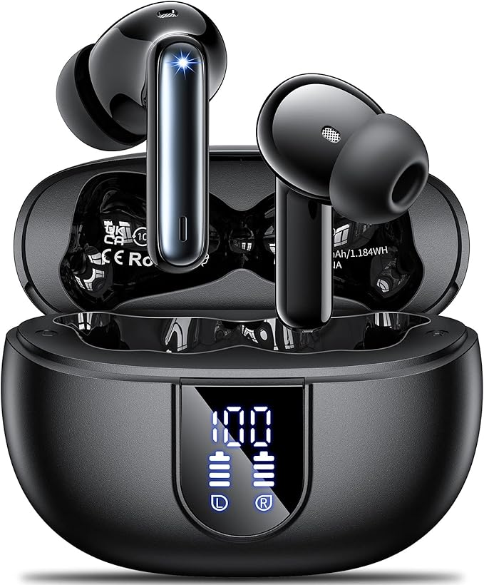 Wireless Earbuds, 2024 Wireless Headphones HiFi Stereo Earphones with 4 ENC Noise Canceling Mic, 42Hs Playtime In Ear Earbud, Bluetooth 5.3 Sport Earphones with LED Power Display for Android iOS Black