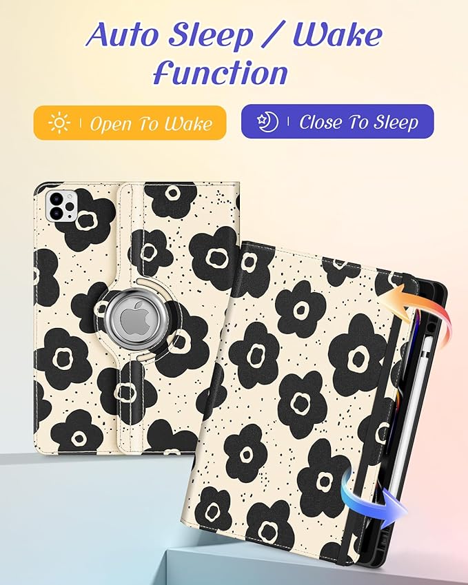 Kidcube for iPad Pro 13 Inch Case M4 2024 - Women Girls Cute Rotating Stand Folio Cover with Pencil Holder & Card Slot Black Floral Flowers Design for iPad Pro 13 Inch Case 2024 (A2925 A2926 A3007)