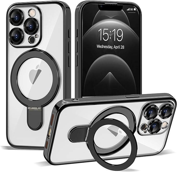 Compatible with iPhone 12 Pro Max Case with Invisible Magnetic Ring Stand [Compatible with Mag-Safe] [Full Camera Lens Protector] Plating Clear Phone Case for iPhone 12 Pro Max 6.7", Black
