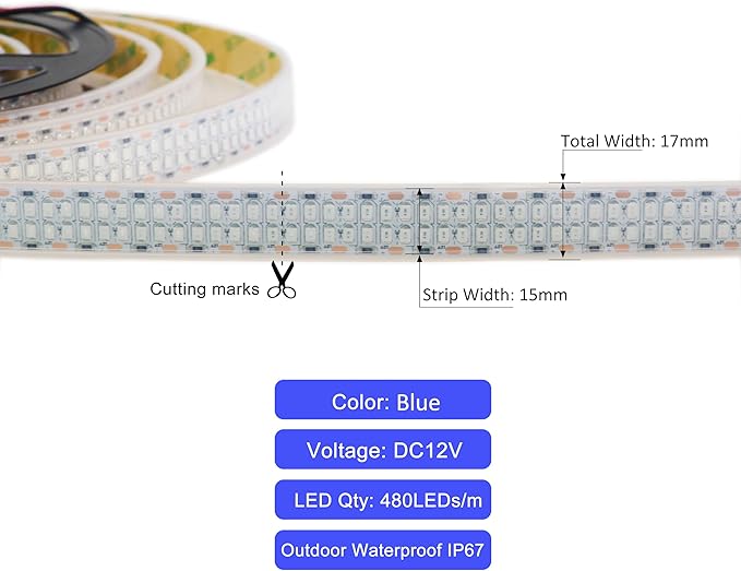 LEDENET Outdoor 12V LED Strip Lights 16.4ft, Double Row 2400 LEDs Waterproof IP67, Super Bright Blue Dimmable Flexible Tape Lights for Outdoor, Truck, RV, and Boat Lighting