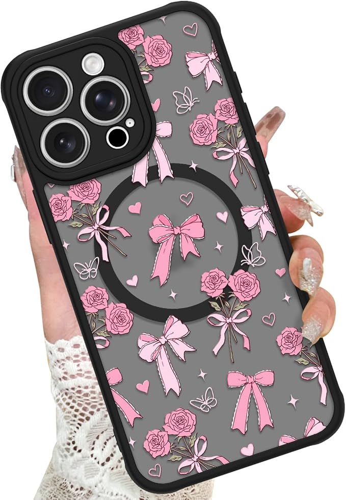KANGHAR Case Compatible with iPhone 15 Pro Bows Bouquet Pattern [Compatible with Magsafe] Cute Flowers Florals Protective Magnetic Case for Girls Women Men