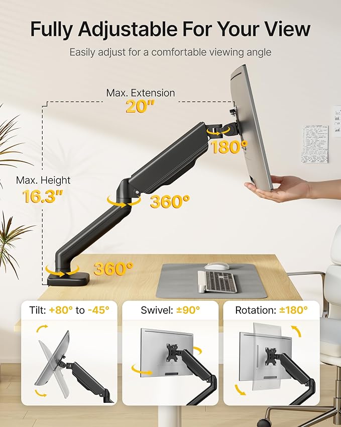monTEK Heavy Duty Single Monitor Arm for 17-32” Flat/Curved Screens, Premium Mechanical Spring Monitor Arm up to 19.8 lbs, Full Motion Monitor Desk Mount with Quick-Release VESA Plate, Clamp/Grommet