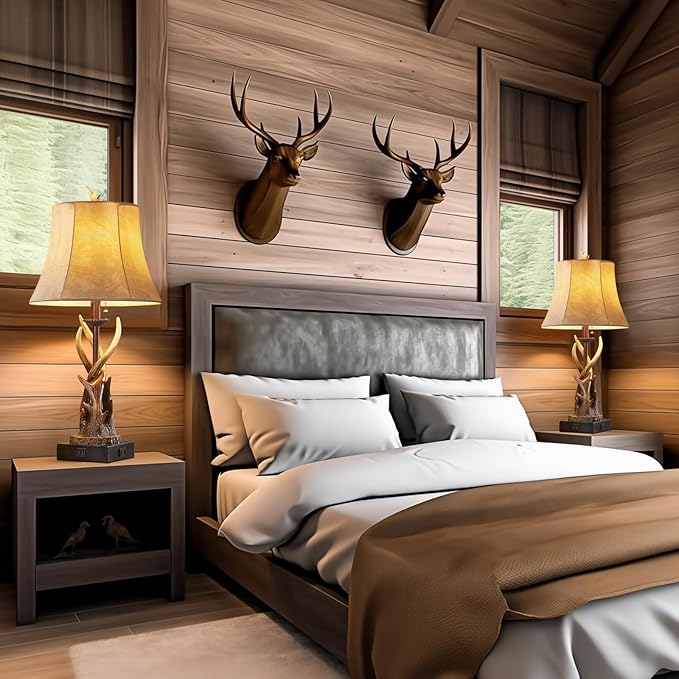 Antler Table Lamps Set of 2 with USB A+C Ports for Bedroom Farmhouse Deer Rustic Bedside Lamps with Faux Leather Bell Shade for Living Room End Table Hunting Themed Cabin Lamp Pull Chain