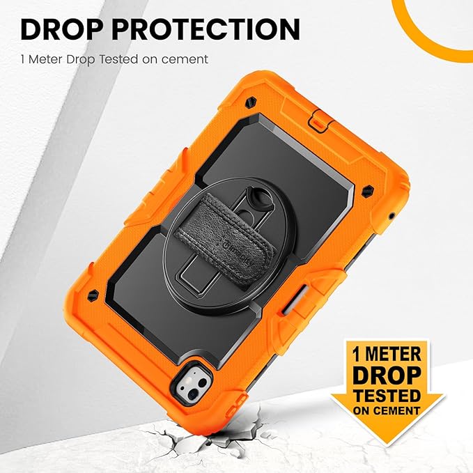 timecity Case for iPad Pro 11 Inch M5 2025 / M4 2024, 360° Rotating Stand, Pencil Holder & Wireless Charging, Shockproof with Screen Protector & Shoulder Strap - for Designers & Professionals, Orange