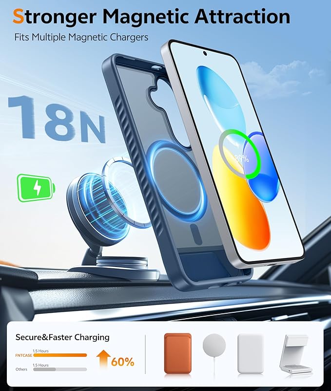 FNTCASE for Samsung Galaxy S25-Plus Case: Magnetic Translucent Matte Phone Cover with Kickstand Military Grade Shockproof Protective Drop Protection Stand Phonecase Slim Rugged - 6.7 inch (Blue)