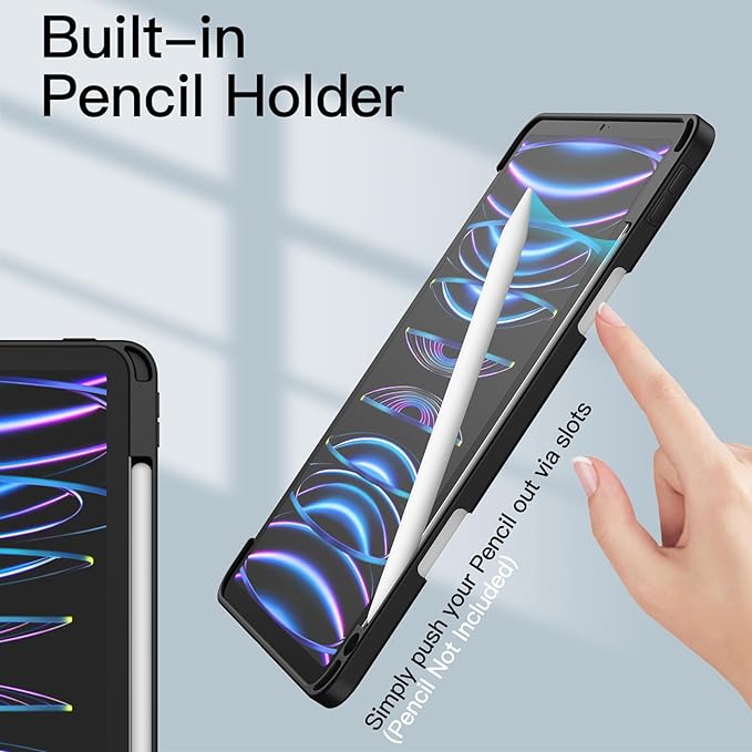 JETech Case ONLY for iPad Pro 11 Inch (2022/2021/2020/2018) with Pencil Holder, Clear Transparent Back Shell Slim Stand Shockproof Tablet Cover, Auto Wake/Sleep (Black)