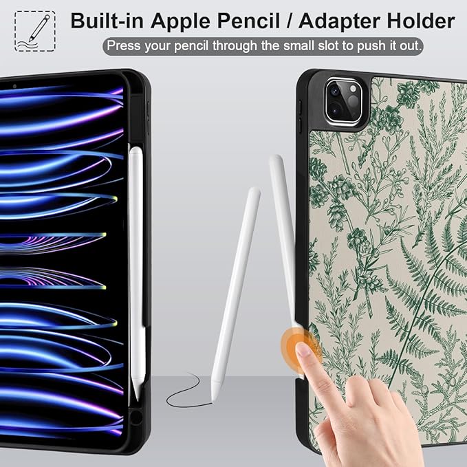DONGKE Case for 2022/2021/2020/2018 iPad Pro 11 inch Gen 4/3/2/1 - Slim Protective Case - Built in Pencil Holder Support Charging - Trifold Stand & Sleep/Wake Cover- Plant & Berry