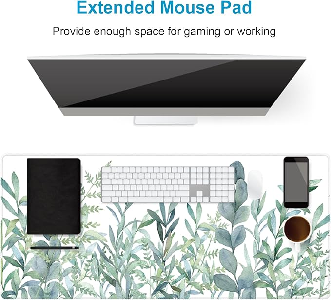 XXL Waterproof Office Desk Pad Protector 35.4x15.7 Inch - Extended Gaming Mouse Pad with Non-Slip Rubber Base, Thickened Keyboard Mat, Stitched Edges & Green Plants Design