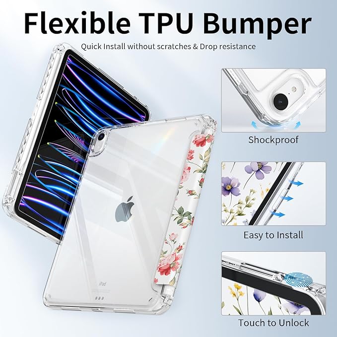 Case for iPad 11th Generation A16 Chip 2025, Slim iPad 10th Generation Case 10.9-inch 2022, Protective Lightweight Transparent Clear Back Cover, Trifold Stable Stand, Pink Rose