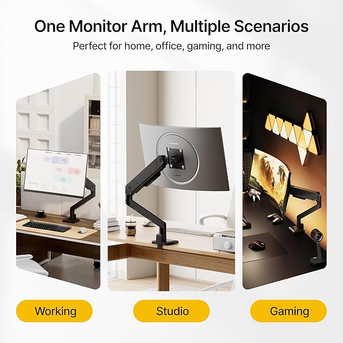 monTEK Single Monitor Arm for Max 45 Inch Ultrawide Screens Adjustable Monitor Desk Mount Holds 35 Lbs Cable Management with Clamp/Grommet Desk Mount, VESA 75/100mm