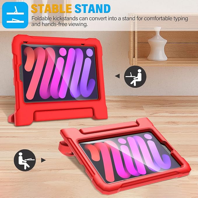 SUPLIK Kids Case for iPad mini 7 (A17 Pro) 2024 & Mini 6 2021, iPad mini 6th/7th Generation Case with Screen Protector, Durable Shockproof Handle Stand Cover for 8.3-inch iPad mini 6/7 Gen, Red