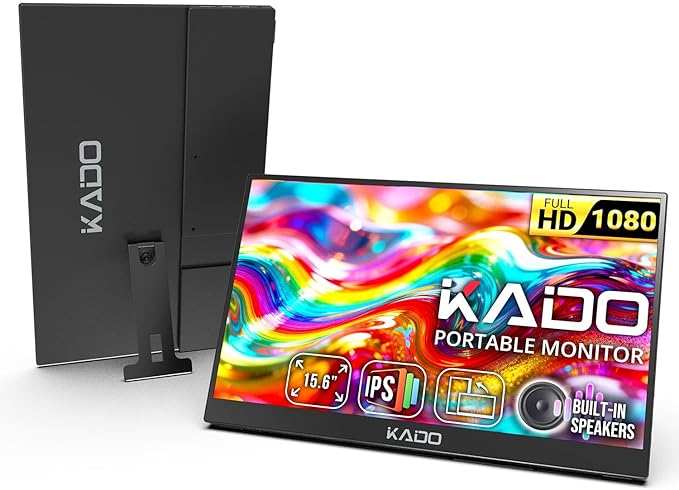 Kado Portable Monitor for Laptop, 15.6" IPS 1920x1080 HDMI Dual USB Type-C Laptop Screen Extender Second Display Kickstand Built-in Speakers for PC, Mac, Tablet, Xbox, PS4/PS5 and Switch