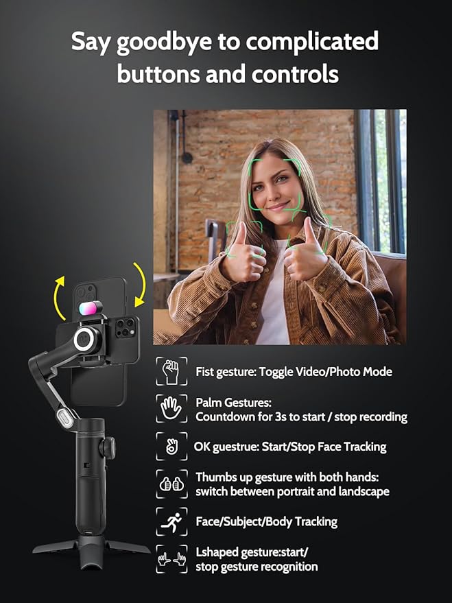 AOCHUAN 3-Axis Gimbal Stabilizer for Smartphone w/RGB Magnetic Fill Light Phone Gimbal for iPhone/Android Foldable iPhone Stabilizer w/Upgraded Face Tracking Vlog Recording-Smart X Pro Kit