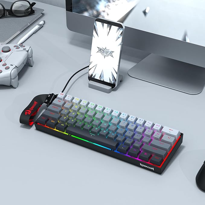 Redragon K617 HE Rapid Trigger Gaming Keyboard, 60% 61 Keys Wired Mechanical Keyboard w/Adjustable Hyper-Fast Actuation, Dedicated Hall Effect Magnetic Switch, PBT Gradient Keycap Strap Version