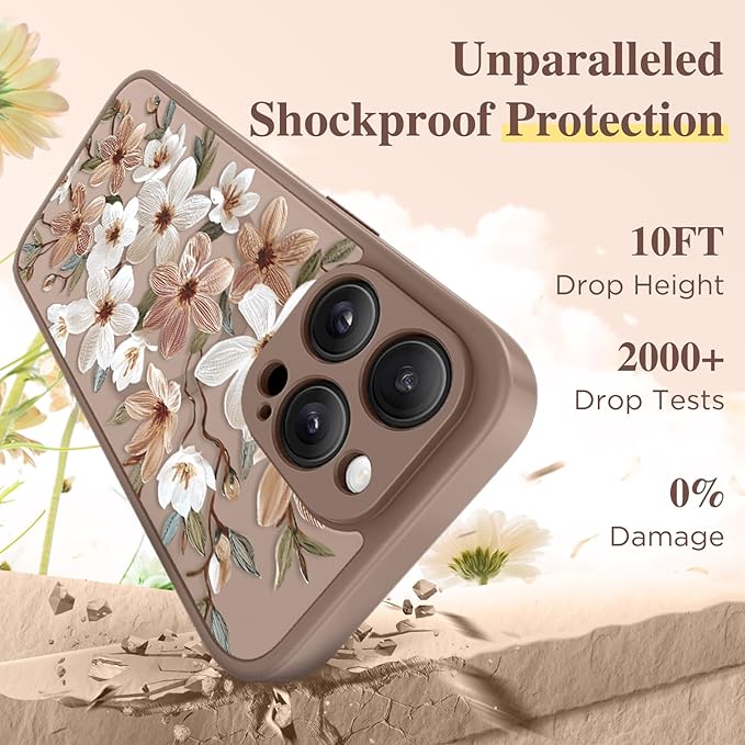 GVIEWIN for iPhone 16 Pro Max Case Compatible with MagSafe, [Military Grade Protection] [Screen Protector] Full Camera Protection Floral Translucent Women Magnetic Phone Case, Dogwood/Brown