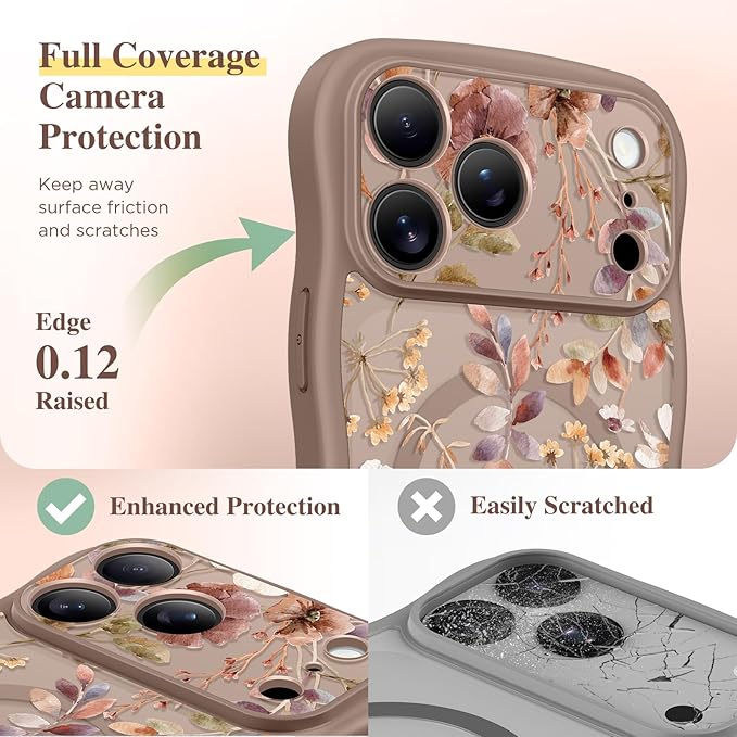 GVIEWIN for iPhone 17 Pro Max Case Compatible with MagSafe [Curly Wave Edge][Full Camera Protection] Floral Translucent Shockproof Magnetic Women Phone Case for 17 Pro Max, Corn Poppy/Brown