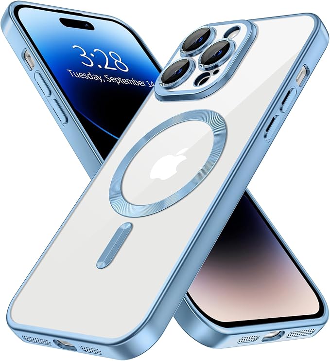 Hython Magnetic Clear for iPhone 14 Pro Max Case with Camera Lens Protector [Compatible with MagSafe] Plating Edge Slim Soft TPU Cover Protective Phone Case for 14 Pro Max 6.7", Matte Light Blue