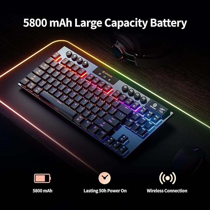 Hexgears Immersion A3 Low-Profile Wireless Mechanical Keyboard, TKL Hot-Swappable Aluminum Gaming Keyboard, BT5.0/2.4GHz/USB-C Linear Switches, RGB Backlit, TFT Screen & 5800mAh Battery for Pc/Mac