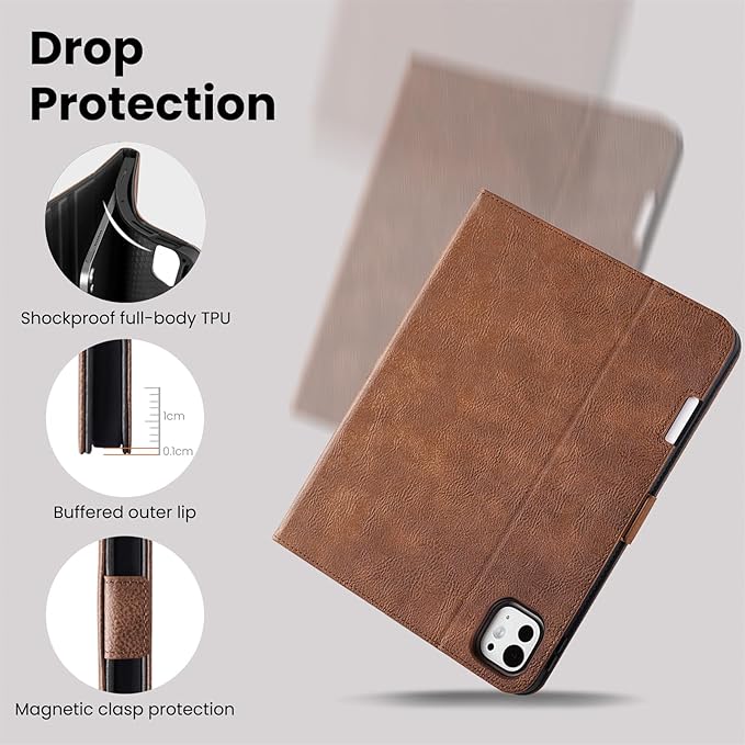 Handmade Case for iPad Pro 13 Inch (M5/M4) 2025/2024 with Pencil Holder Pocket,Magnetic Closure,Auto Sleep/Wake,Vegan Leather Folio Protective Cover,Multi Angles Stand,Dark Brown