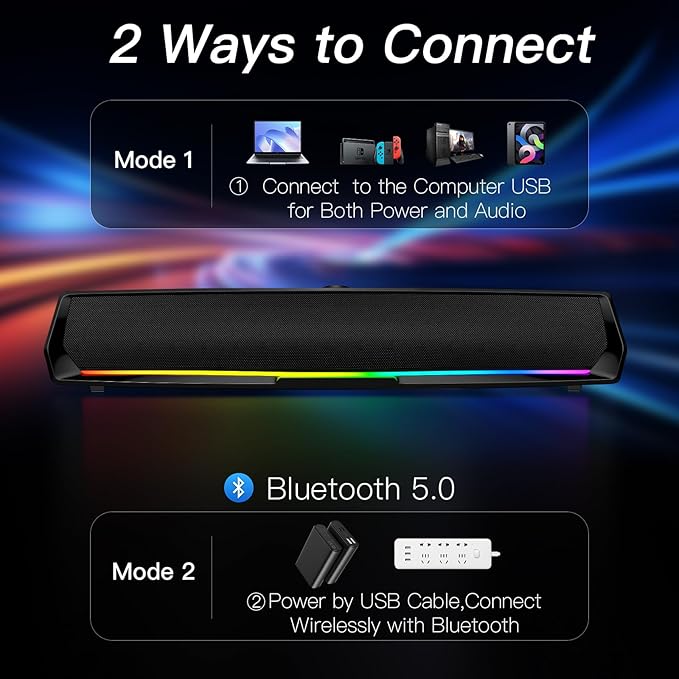 Computer Speakers for Desktop,PC Speakers Gaming Sound bar with Colorful Light,USB Speaker With Bluetooth for PCs Desktop Laptop Tablets,Wired Bluetooth Speaker for Phones(Type-C Adapter Included)