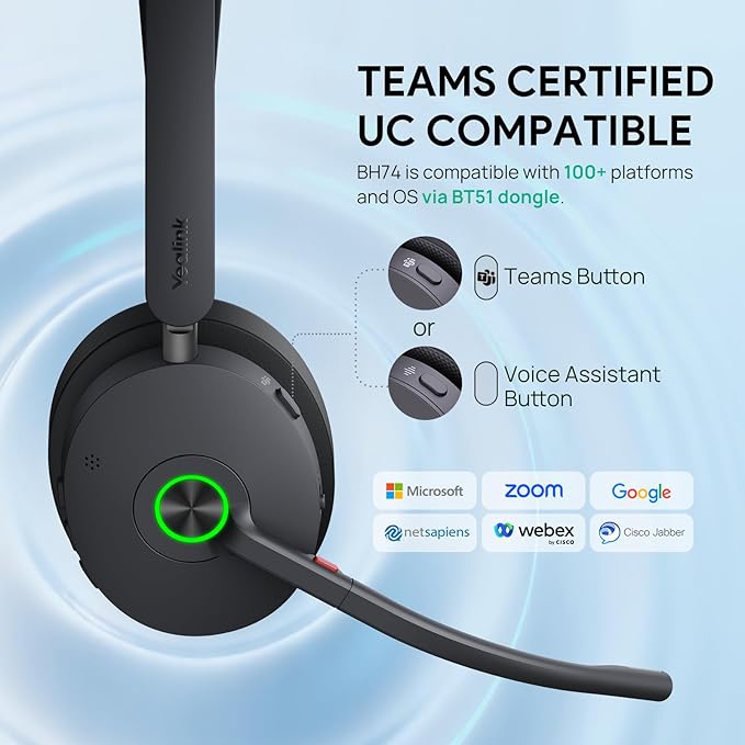 Yealink BH74 ANC Bluetooth Headset with Microphone for Hybrid Work, Microsoft Teams Premium Open Ofﬁce Certified Headsets with 6-mics Active Noise Cancellation, Zoom Certified, 65H Battery